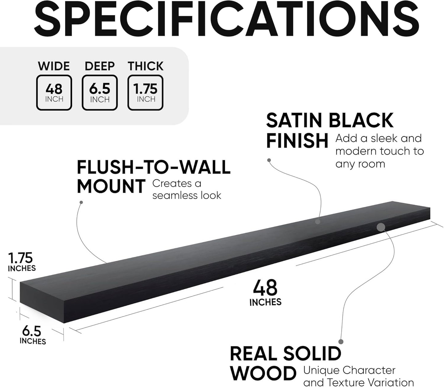 Homeforia Black Floating Shelf 48 inches, High End Solid Real Wood 48 inch Long Floating Shelves for Wall, Black Wooden 48inch Large Floating Shelves, Heavy Duty Bracket, 48 X 6.5 X 1.75 in, Set of 2