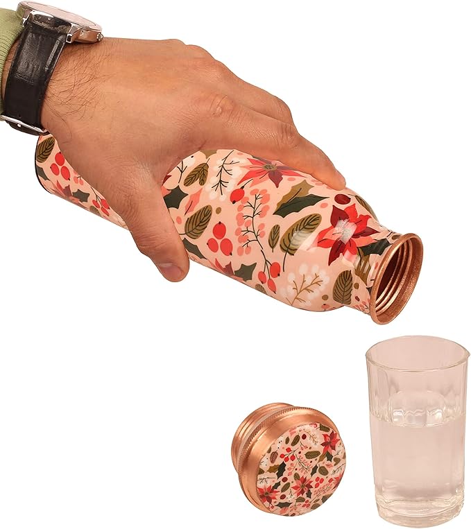 Pure Copper Water Bottle - Handcrafted - Ayurveda Health Benefits - Large 35 oz - Leak proof - Easy to carry for Sports, Fitness, Yoga, School - Textured Multicolor Floral.