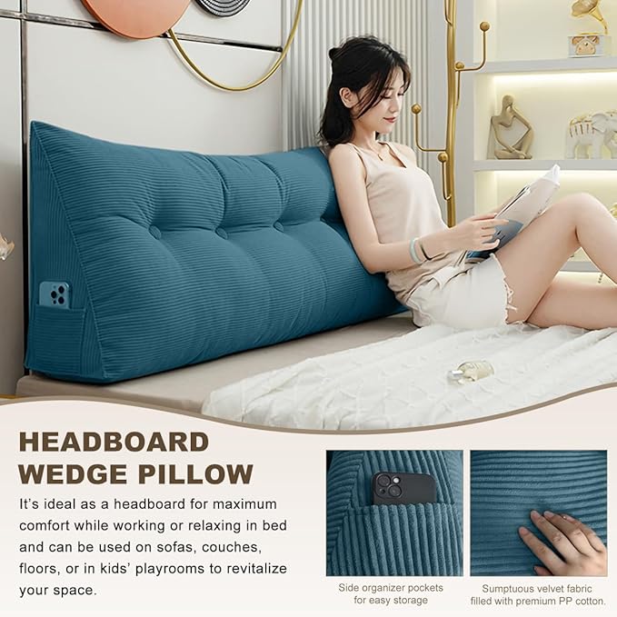 Headboard Pillow - Queen-Sized Headboard Wedge Pillow for Daybeds and Bunk Beds - Durable, Comfortable, with Removable Velvet Cover (Navy blue, 71x20x8Inches)