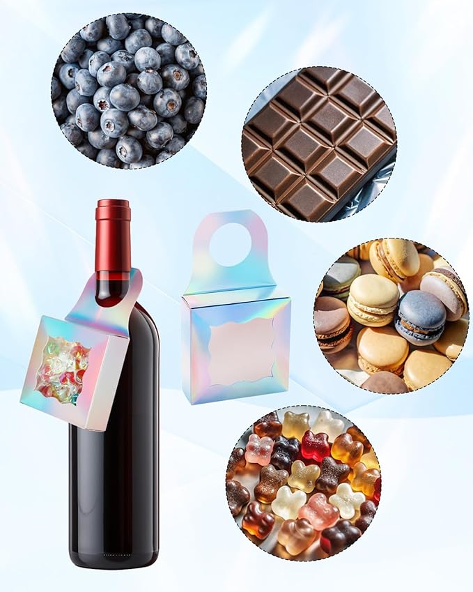 Megitzuu 20 PCS Wine Bottle Box with Clear Window, Hanging Wine Gift Box, Wine Bottle Tag Box for Gift, Wine Bottle Treat Box, Bottle Hanger Favor Box for Sweets, Cookies, Snack (Holographic Silver)