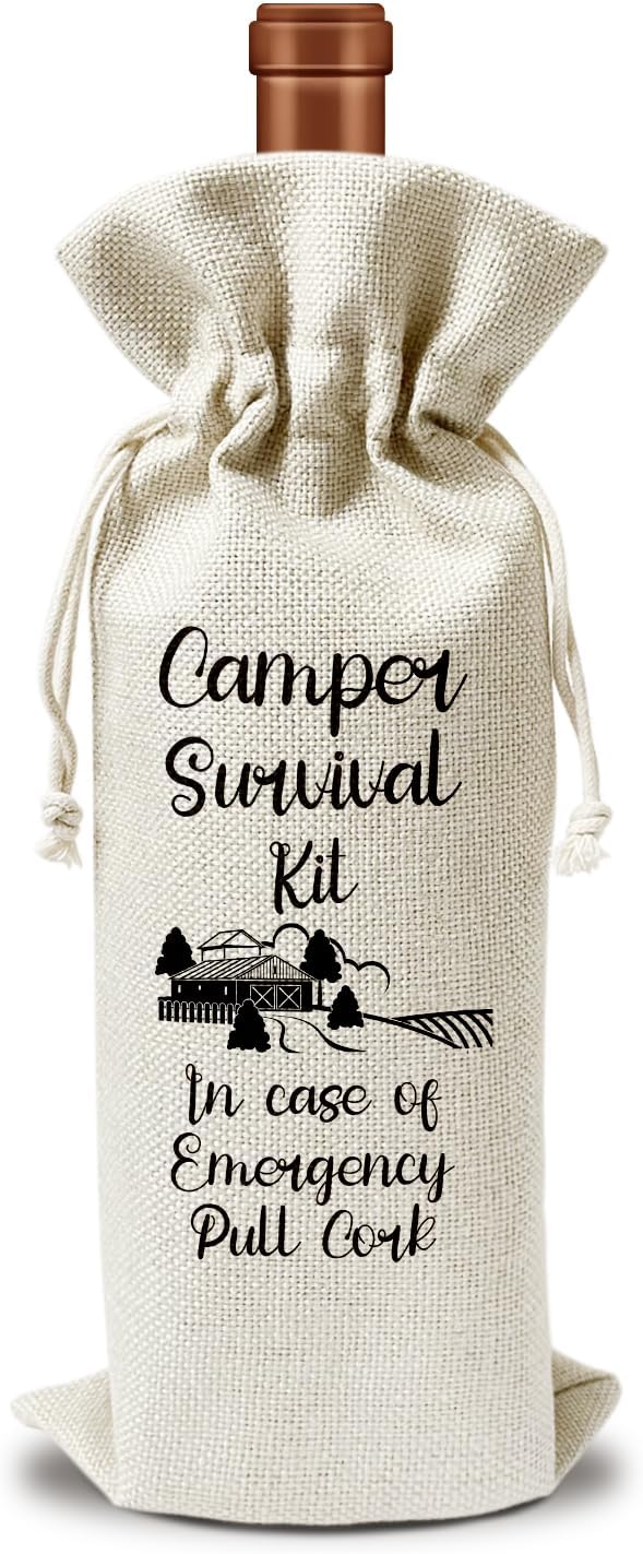 Camper Gift Wine Gift Bag, 1pcs Camper Survival Kit Reusable Burlap Drawstring Wine Gifts Bag for Wine Bottles, Birthday Camping Holiday Party Favor -01