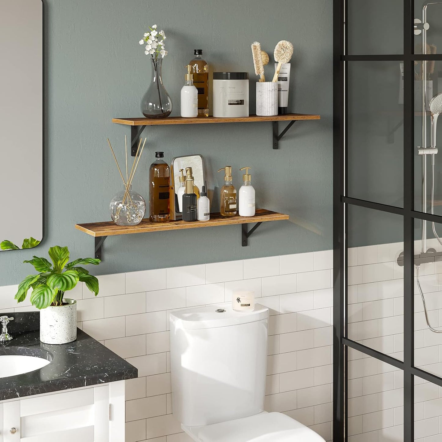 DINZI LVJ Long Wall Shelves, Set of 4, 31.5Inch Wall Mounted Shelves, Extra Large Wall Storage Ledges with Sturdy Metal Brackets for Living Room, Bathroom, Bedroom, Kitchen, Rustic Brown