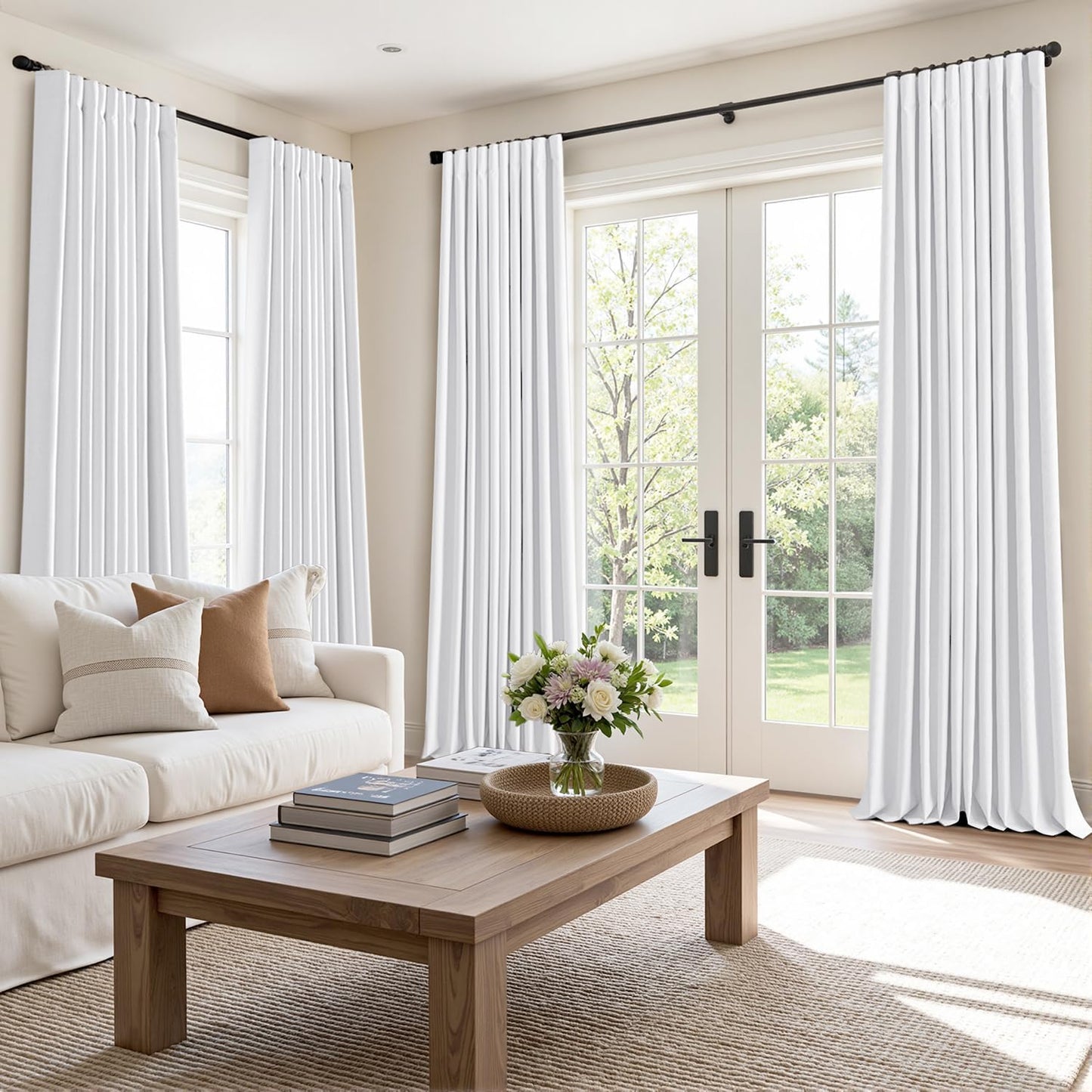 MIULEE 100% Blackout Curtains 108 Inch Long 2 Panels Set for Bedroom, Thick Faux Linen Black Out Curtain Room Darkening Back Tab Pleat Window Textured Drapes with Hooks for Living Room, Bright White