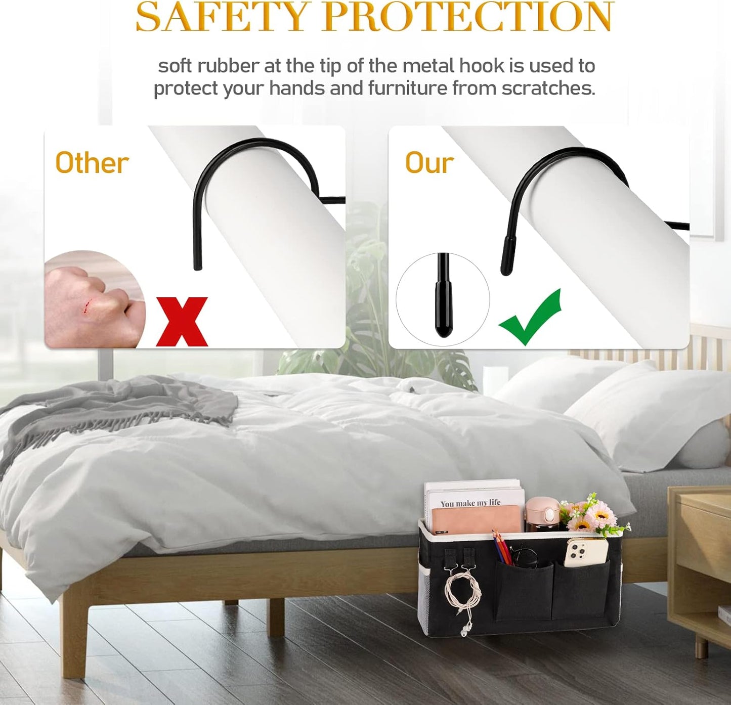 Bedside Storage Caddy/Bedside Hanging Storage Bag for Headboards Bunk Beds Dorm Rooms Book Phone Magazine Holder (2PC Black)