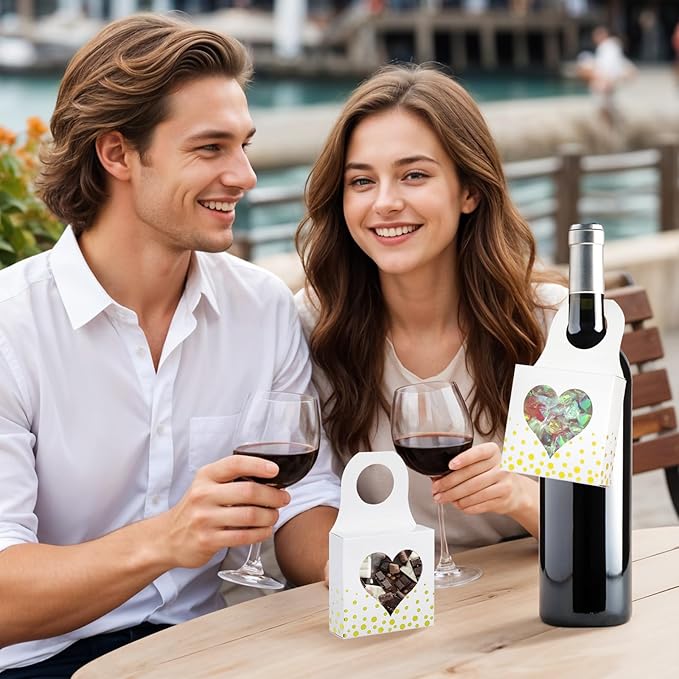 Megitzuu 50 Pieces Wine Bottle Box with Window, White Wine Boxes for Gifts Hanging Foldable Wine Gift Boxes Kraft Paper Wine Bottle Hanger Favor Box for Holding Candy Truffles Chocolate Cookies