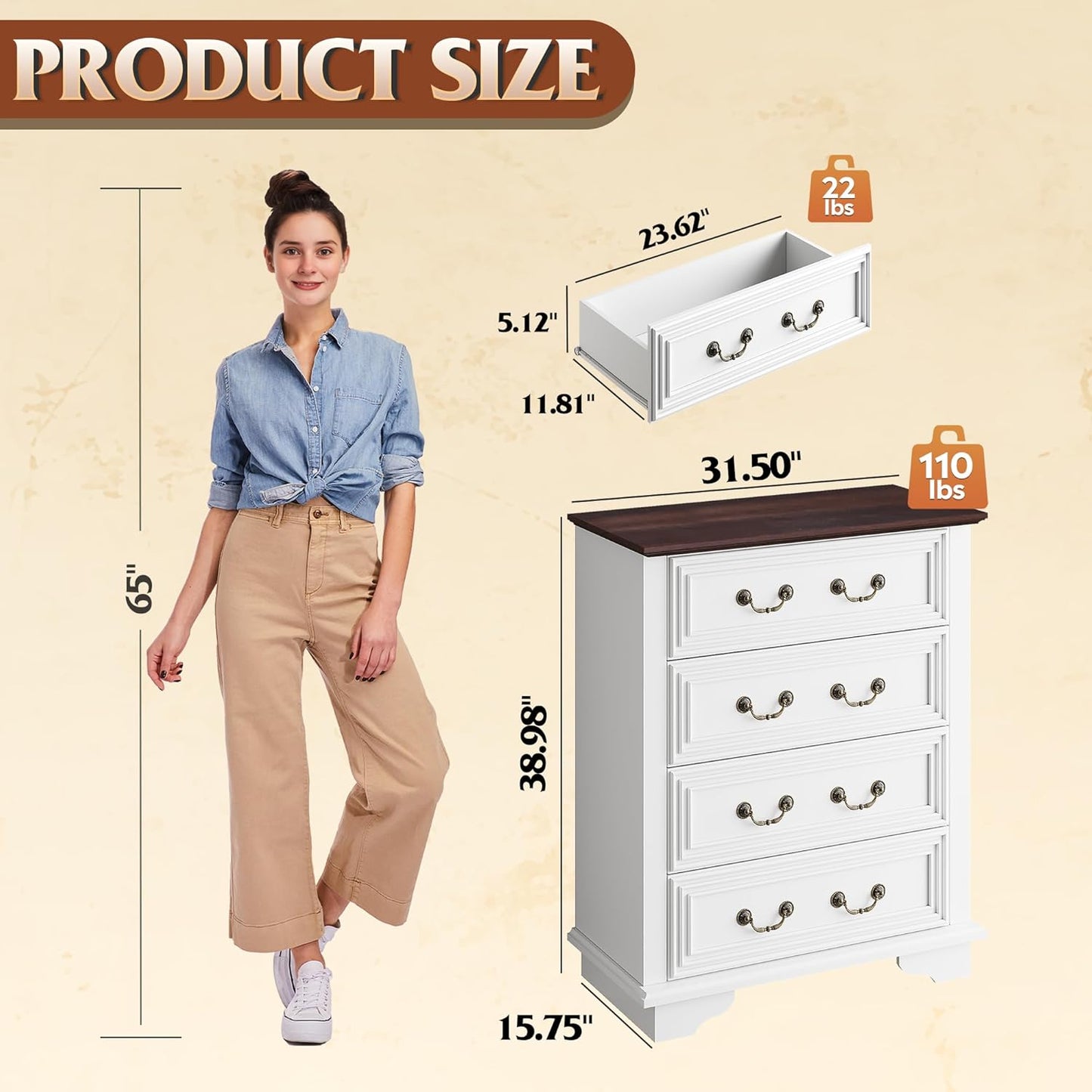 WLIVE Farmhouse Dresser for Bedroom, Tall Wood Dresser with 4 Drawers, Chest of Drawers with Roman Metal Handle for Living Room, Hallway, Closet, White