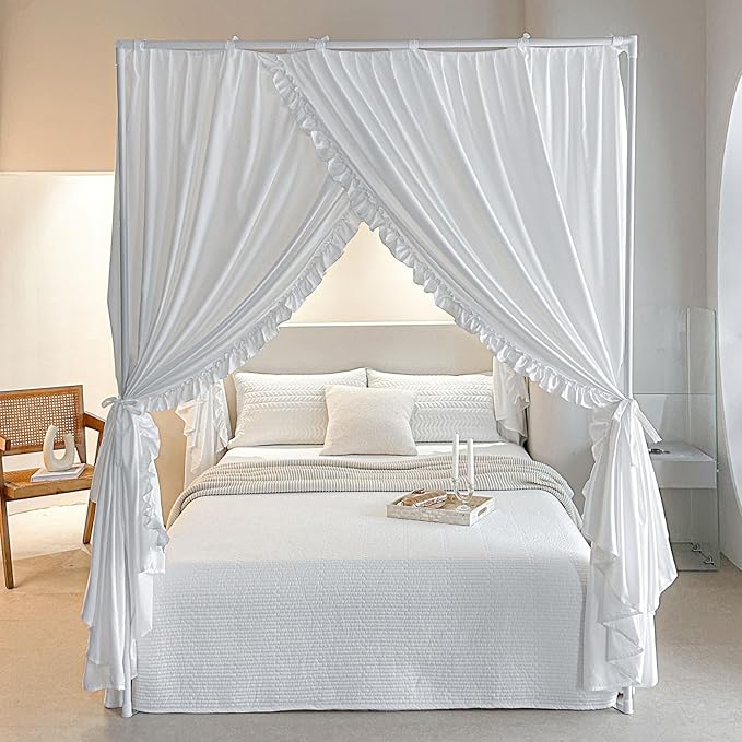 AIKASY Princess Canopy Bed Curtains with Top Ties - Windproof & Lightproof for Girls' Adult Bedroom Decor | Bed Canopy Drapes (King,White)