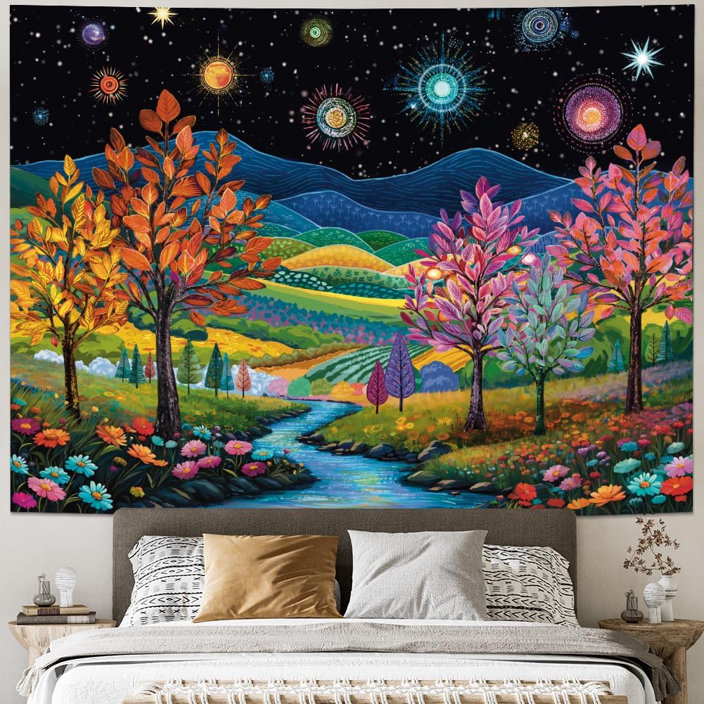 Heynvioo Blacklight Forest Tree Tapestry UV Reactive Fantasy Starry Sky Tapestries Colorful Nature Landscape Tapestry Hippie Mountain Tapestries Vintage Aesthetic Wall Hanging Decor for Home
