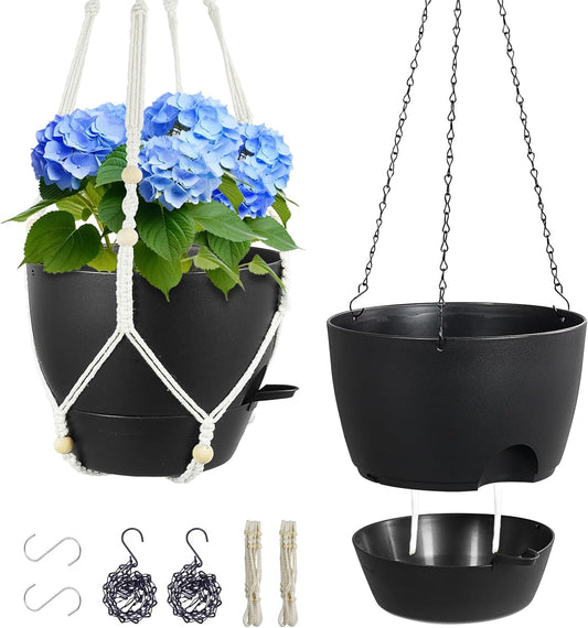 10 inch Self Watering Hanging Planters, 2 Pack Hanging Baskets for Indoor Outdoor Plants, Hanging Flower Pots with Drainage Holes & 2 Kinds of Plant Hangers for Garden Home Decor, Black