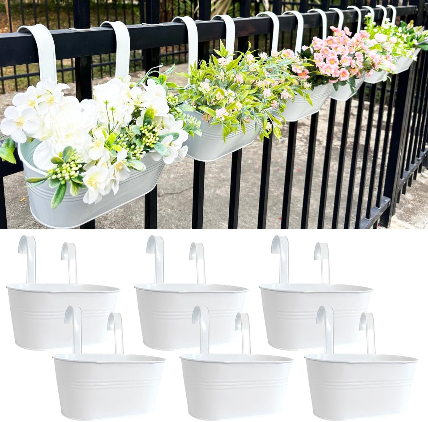 10" Hanging Flower Pots, Pack of 6 White Metal Outdoor Patio Balcony Planter, Railing Planters Fence Pot with Detachable Hook & Drainage Hole for Small Plants (White, 6Pcs)
