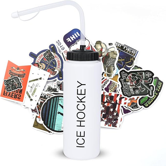 Hockey Gifts for Boys 8-12,Hockey Water Bottle with Long Straw and 50PCS Stickers Accessories Stuff for Player Lovers(1L,Squeeze,BPA-Free)