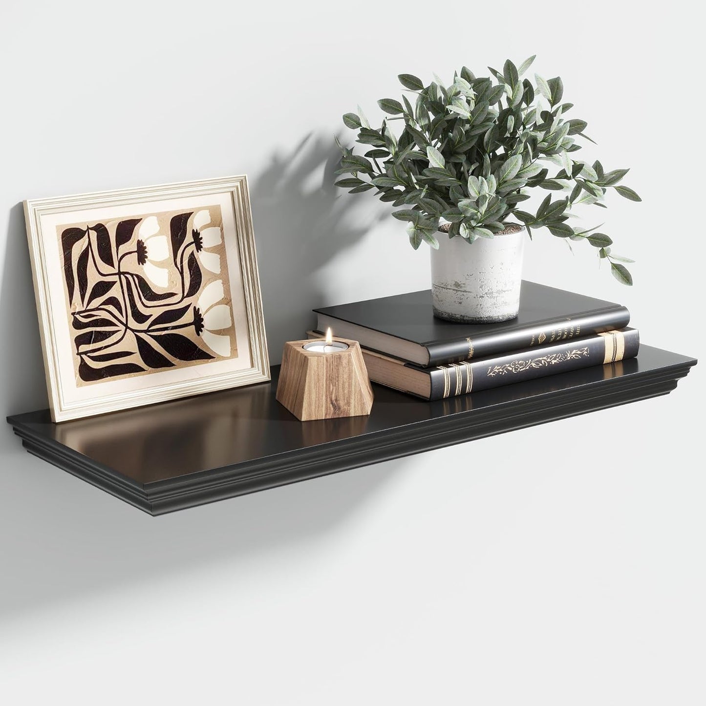 Floating Shelves for Wall, 24 Inch Long Wall Mounted Black Hanging Shelf for Kitchen, Living Room, Office, Bedroom, Bathroom, Retro Vintage Wood Bookshelf for House Decor