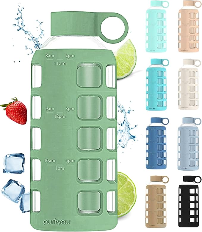 purifyou Premium 40/32 / 22/12 oz Glass Water Bottles with Volume & Times to Drink, Silicone Sleeve & Stainless Steel Lid Insert, Reusable Bottle for Fridge Water, Milk, Juice (22oz Shale Green)