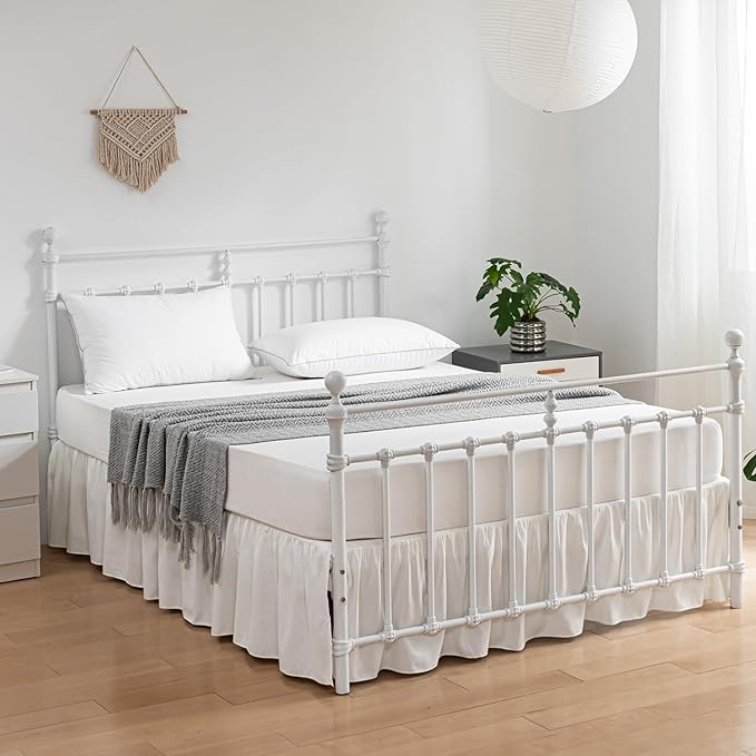 Bed Skirt Queen Size Ruffled Bed Skirt with Split Corners, 14 Inch Drop Dust Ruffle Bed Skirt with Platform, Ivory