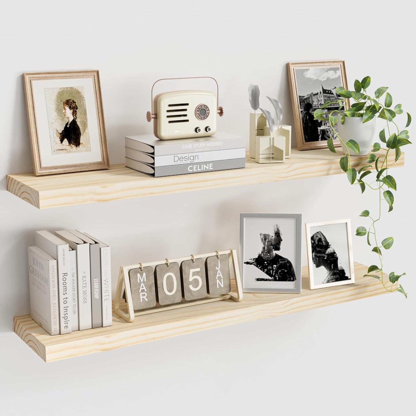 Light Wood Floating Shelves 36”x 8”x 1.4” Book Shelf Floating for Wall Mounted, Heavy Duty Shelf Hold 80 lbs, Unfinished Rustic Wall Shelves for Bedroom, Living Room, Kitchen, Office, Laundry Room