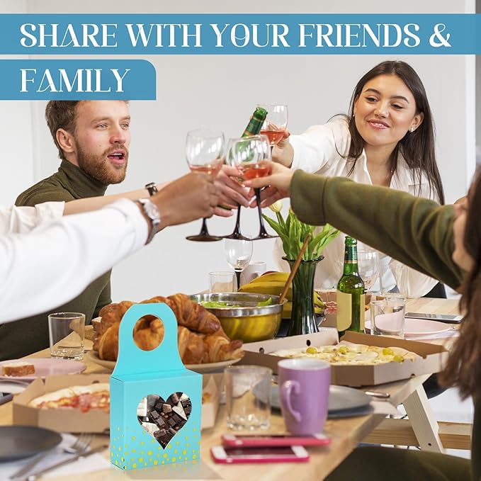 Megitzuu 50 Pieces Wine Bottle Box with Window, Blue Wine Boxes for Gifts Hanging Foldable Wine Gift Boxes Kraft Paper Wine Bottle Hanger Favor Box for Holding Candy Truffles Chocolate Cookies