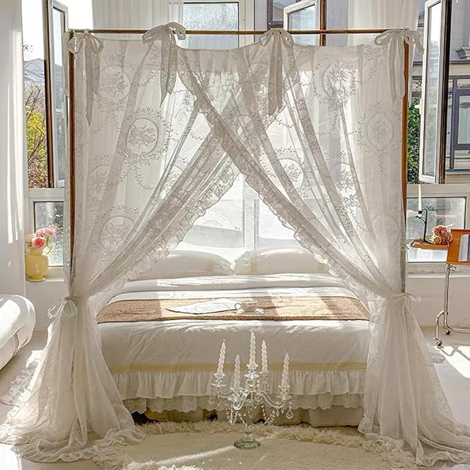 Elegant Lace Princess 4 Corner Post Mosquito Net Romantic for Girls Women Bed Curtain Canopy for Adult Wedding Bedroom Kids Rooms Decoration (Color-A, Queen)
