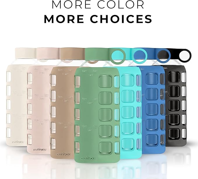 purifyou Premium 40/32 / 22/12 oz Glass Water Bottles with Volume & Times to Drink, Silicone Sleeve & Stainless Steel Lid Insert, Reusable Bottle for Fridge Water, Milk, Juice (22oz Shale Green)