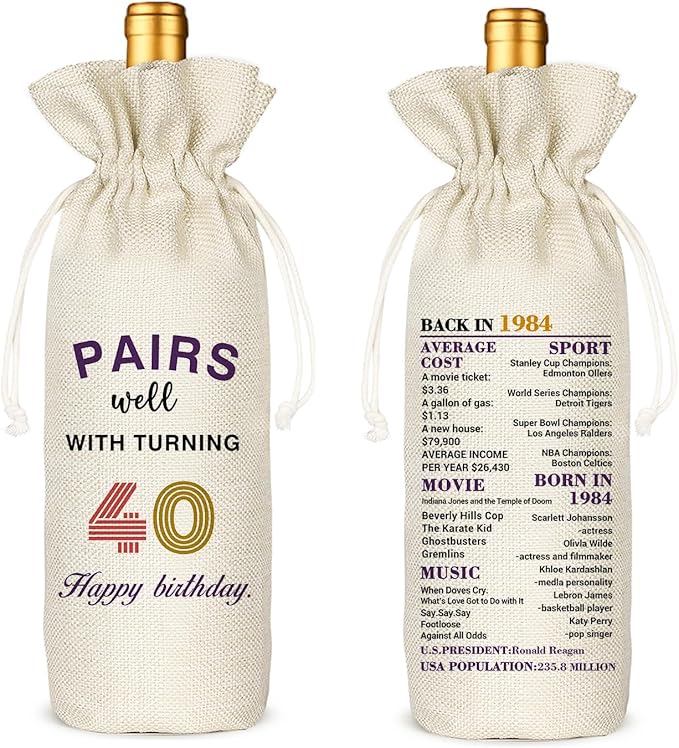 Socive 40th Birthday Gift for Women Men,40th Birthday Wine Bag,1984 Birthday Wine Bag,40 Years Old Birthday Party Decor Gift (40 BIRTHDAY)