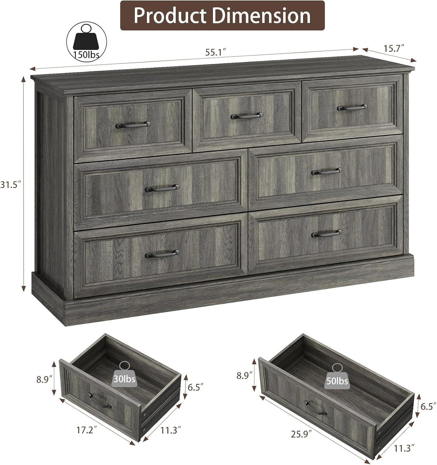 Farmhouse 7 Drawer Dresser for Bedroom, 55 Inch Wide Modern Grey Dresser TV Stand with Large Drawers & Bar Handles, Rustic Wood Chest of Drawers for Bedroom, Living Room, Hallway, Entryway.