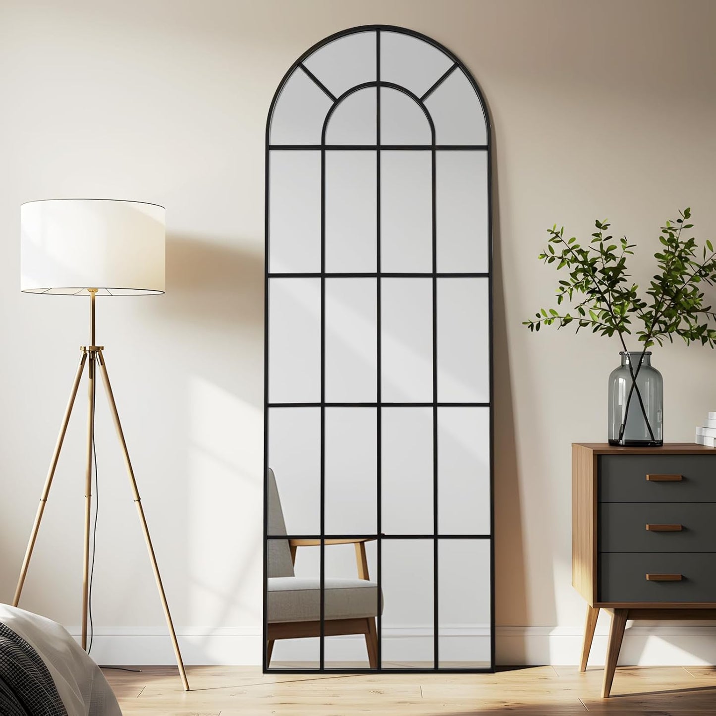 Arched Windowpane Mirror Full Length 71"x30" Wall Mounted Black Art Pane Farmhouse Decorative Floor Mirror Leaning Hanging Wall Mirror for Bedroom Living Room Entrance