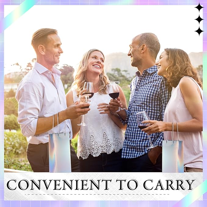 Dunzoom 12 Pcs Iridescent Summer Wine Gift Bags Bulk Holographic Wine Bottle Gift Bag with Handles 14 x 3 x 5 Inch Paper Goodie Bags Wine Bottle Gift Totes for Party Favor Christmas Wedding Birthday