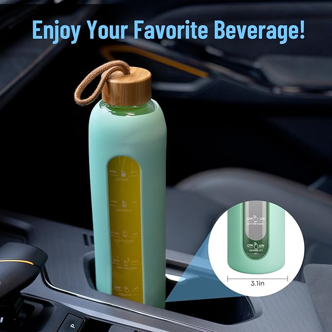 Sursip 32 oz Glass Water Bottle with Time Marker,1 Liter BPA-Free Reusable Motivational Water Bottle with Non-Slip Silicone Sleeve and Bamboo Lid, Ice Cube Tray, Leak-Proof, Dishwasher Safe