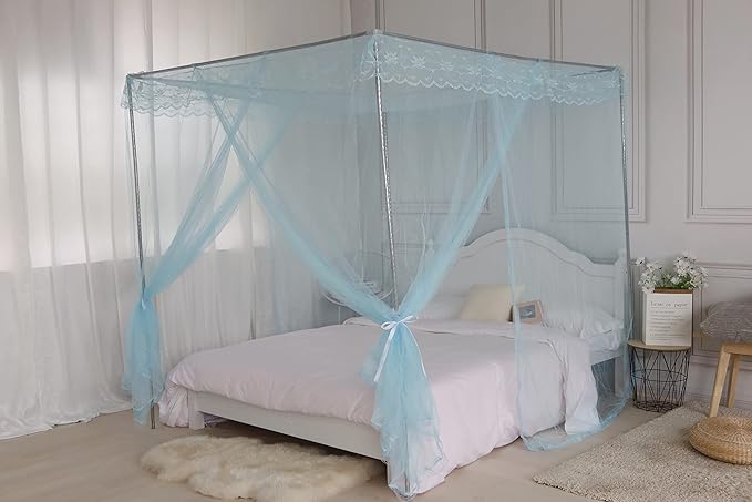 Bed Canopy, Princess Bed Curtain Net for Girls & Adults, Three-Doors Rectangular Lace Dome Netting (Blue, King)