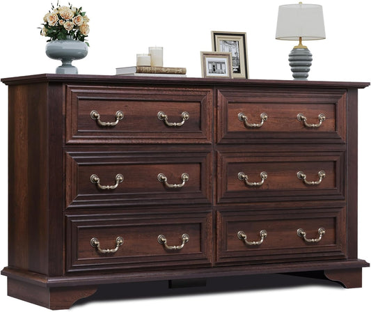 WLIVE Wood Dresser for Bedroom with 6 Drawer, 51.97'' Wide, Farmhouse Long Storage Dresser Organizer with Roman Metal Handle, TV Stand for 60 inch TV, Chest of Drawers for Living Room, Hallway, Brown