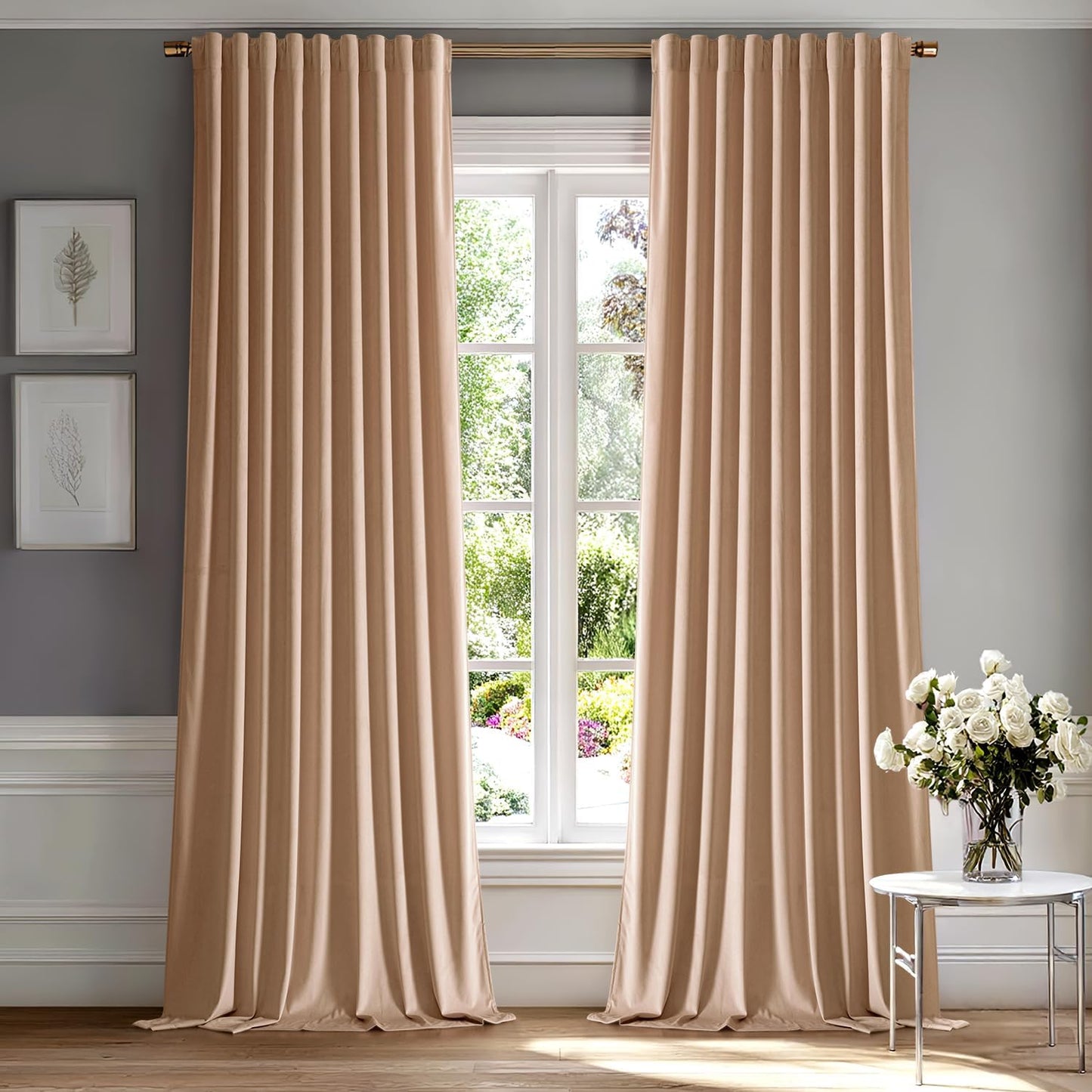 MIULEE Blush Beige Velvet Curtains 90 inches 2 Panels - Luxury Room Darkening Window Drapes for Bedroom Living Room Thermal Insulated Super Soft Blackout, Back Tab Rod Pocket Pinch Pleated, W52 x L90