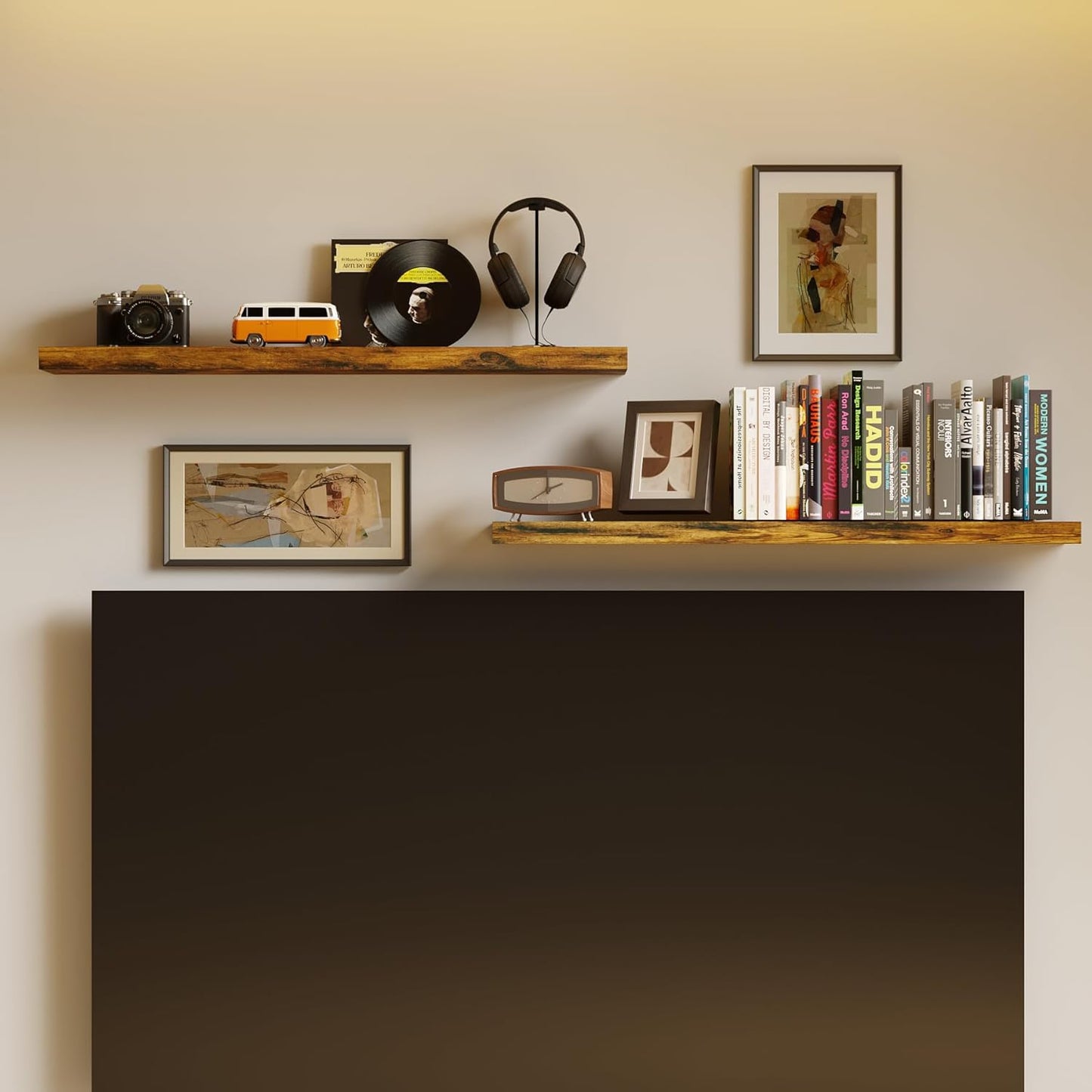 BAMEOS Floating Shelves,40 in W x 7in D Wall Mounted Wooden Shelves with Invisible Brackets Set of 2, Hanging Wall Shelves Decoration for Bedroom, Bathroom, Living Room and Kitchen,Rustic Brown