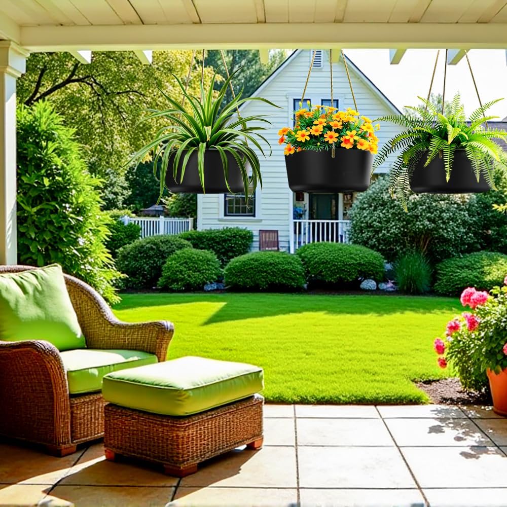 10.7 Inch Hanging Planter for Outdoor Indoor Plants，2 Pack Hanging Flower Pots with Drain Holes for Garden Home Decor Use (Black)