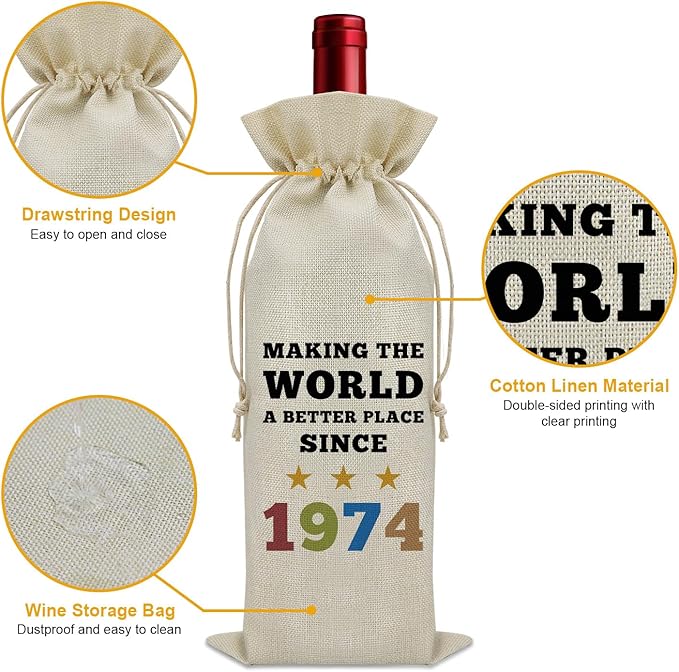 Sazuwu 1974 Birthday Gifts for Her Him Wine Bag Happy 50th Birthday Gifts for Women Men Wine Bottle Decoration Bag 50 Year Old Birthday Gifts for Grandpa Grandma Turning 50 Gifts Wine Accessory Gifts