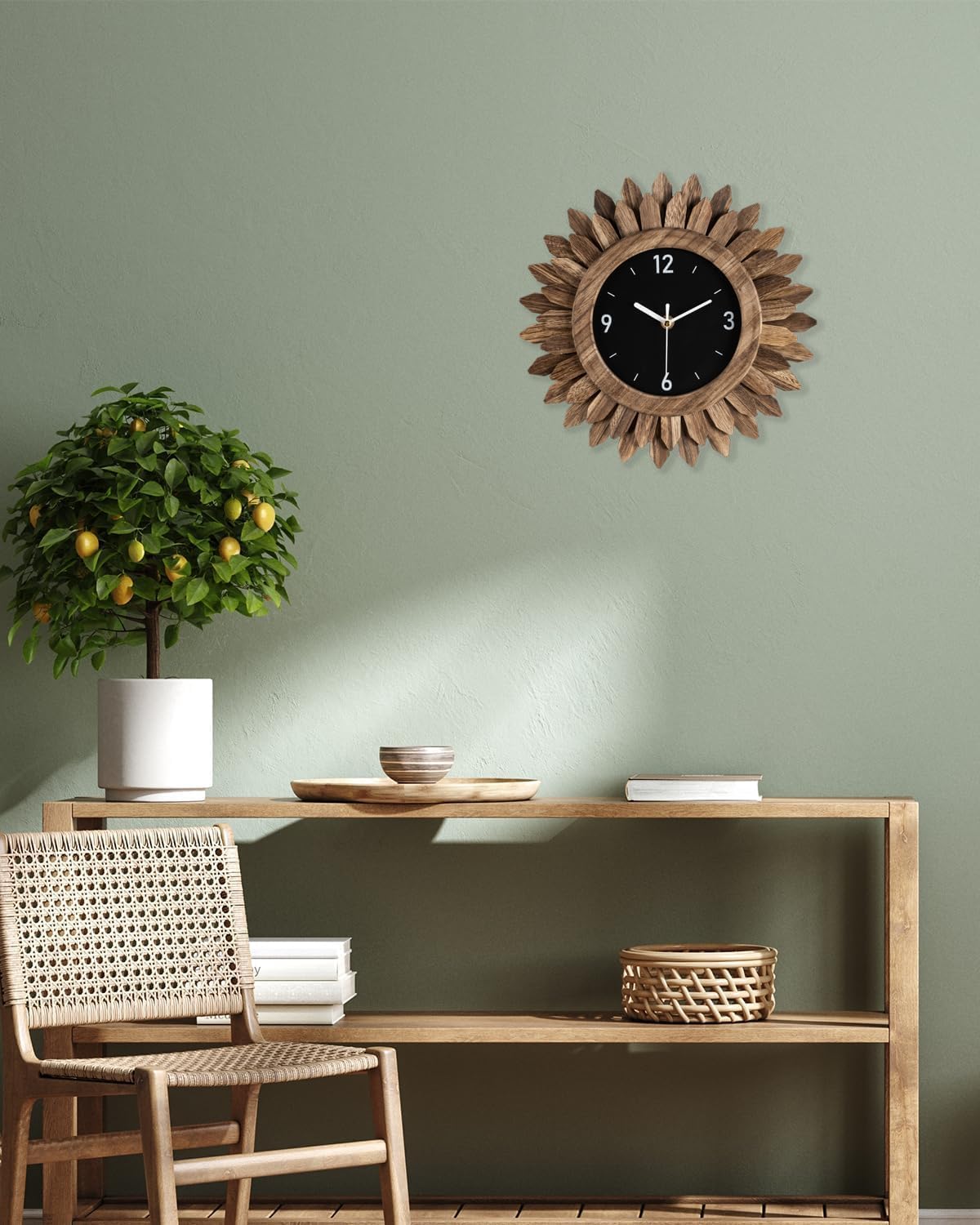 Honiway Wall Clock Battery Operated 12 in Rustic Wood Boho Sunburst Decorative Wall Clock Silent Non Ticking Farmhouse Small Wall Clocks for Living Room Kitchen Bathroom Bedroom Decor (Rustic Brown)