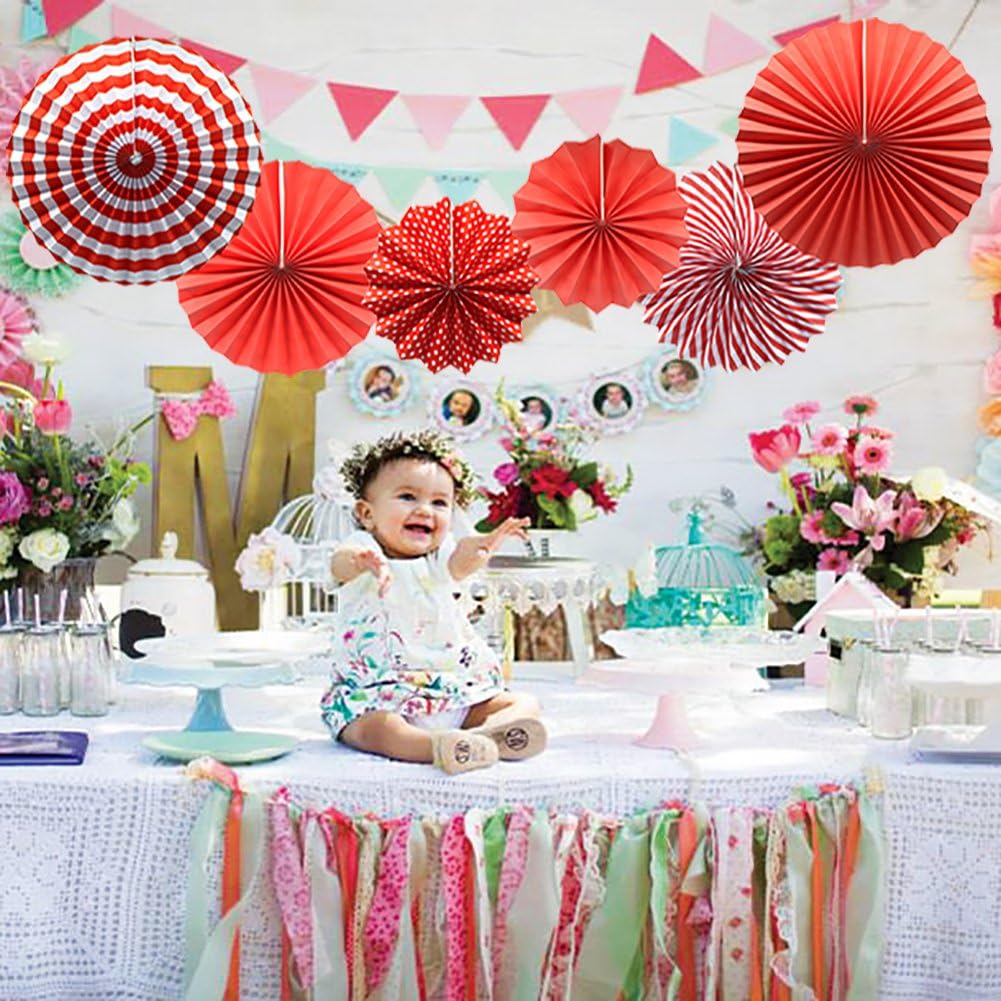 Party Hanging Paper Fans Set, Red Round Pattern Paper Garlands Decoration for Birthday Wedding Graduation Events Accessories, Set of 6