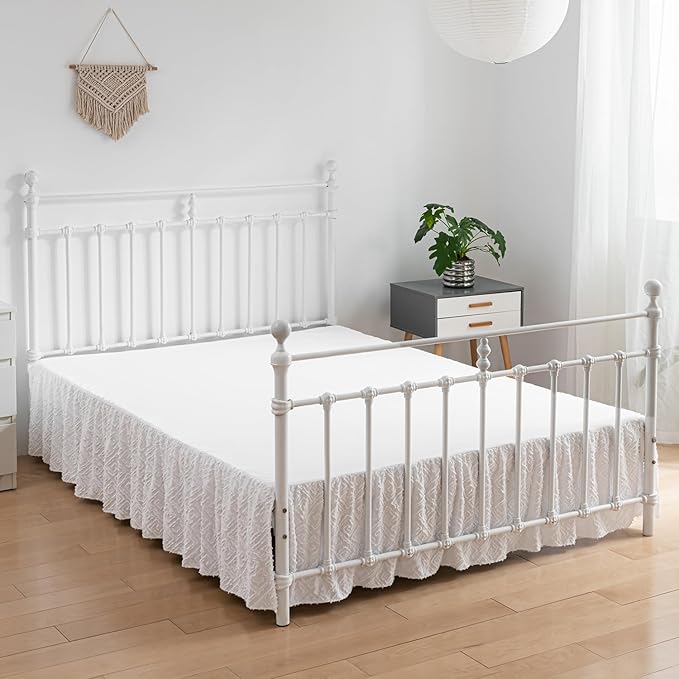 Tufted Bed Skirt,Ruffled Bed Skirt with Split Corners Jacquard Embroidery, King Bed Skirt 14 Inch Drop, King Size Bed Skirt White for Ruffled Bed Skirt with Split Corners, Bed Skirt King Size