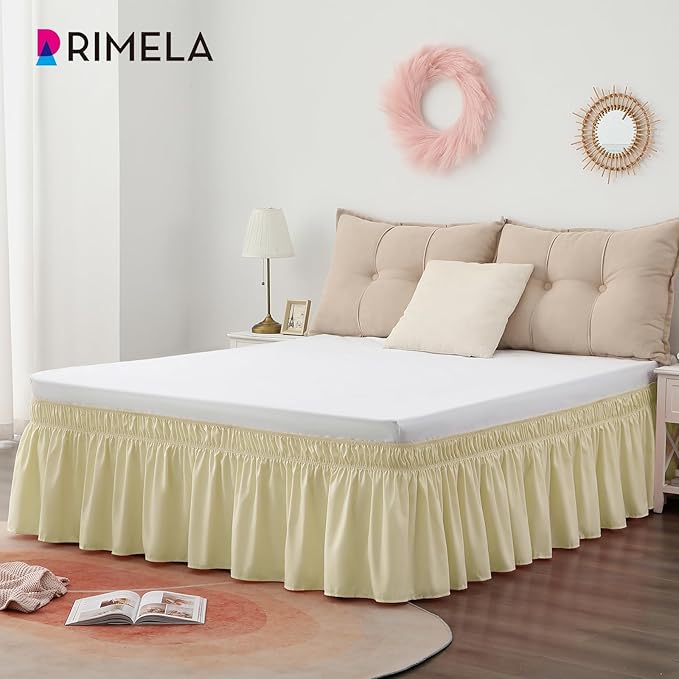 RIMELA Bed Skirt Queen Size 15 Inch Drop, Wrap Around Elastic Bedskirt Solid Microfiber Luxury Hotel Quality Fabric, Easy to Install Machine Washable Wrinkle & Fade Resistant, Beige Yellow