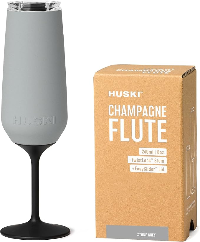 Huski Champagne Flute | NEW | Premium Stainless Steel Champagne Glass with Lid | Go Stemmed or Stemless with Detachable Stem | Triple Insulated Tumbler | 8oz Capacity | Great Gift (Stone Grey)