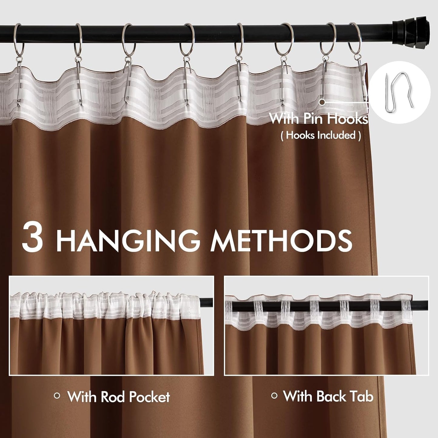 MIULEE Back Tab Blackout Curtains 108 Inch Long 2 Panels Set for Living Room Bedroom, Rod Pocket/Pinch Pleated Extra Long Thermal Insulated Room Darkening Light Blocking Drapes, Cappuccino Brown
