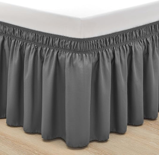 RIMELA Bed Skirting Queen Size Dark Grey Bed Skirt 18 Inch Drop, Wrap Around Elastic Adjustable Bedskirt, Dust Ruffle for Bed Frame & Box Spring Soft Durable Fabric Machine Washable Easy to Install