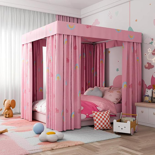 Hvqic Pink Canopy Bed Curtains - 4 Corner Post Bed Curtains Lightproof Princess Bed Canopy for Girls Rainbow Canopy Bed Curtains for Kids Room Decor(Twin,Pink-Cloud)
