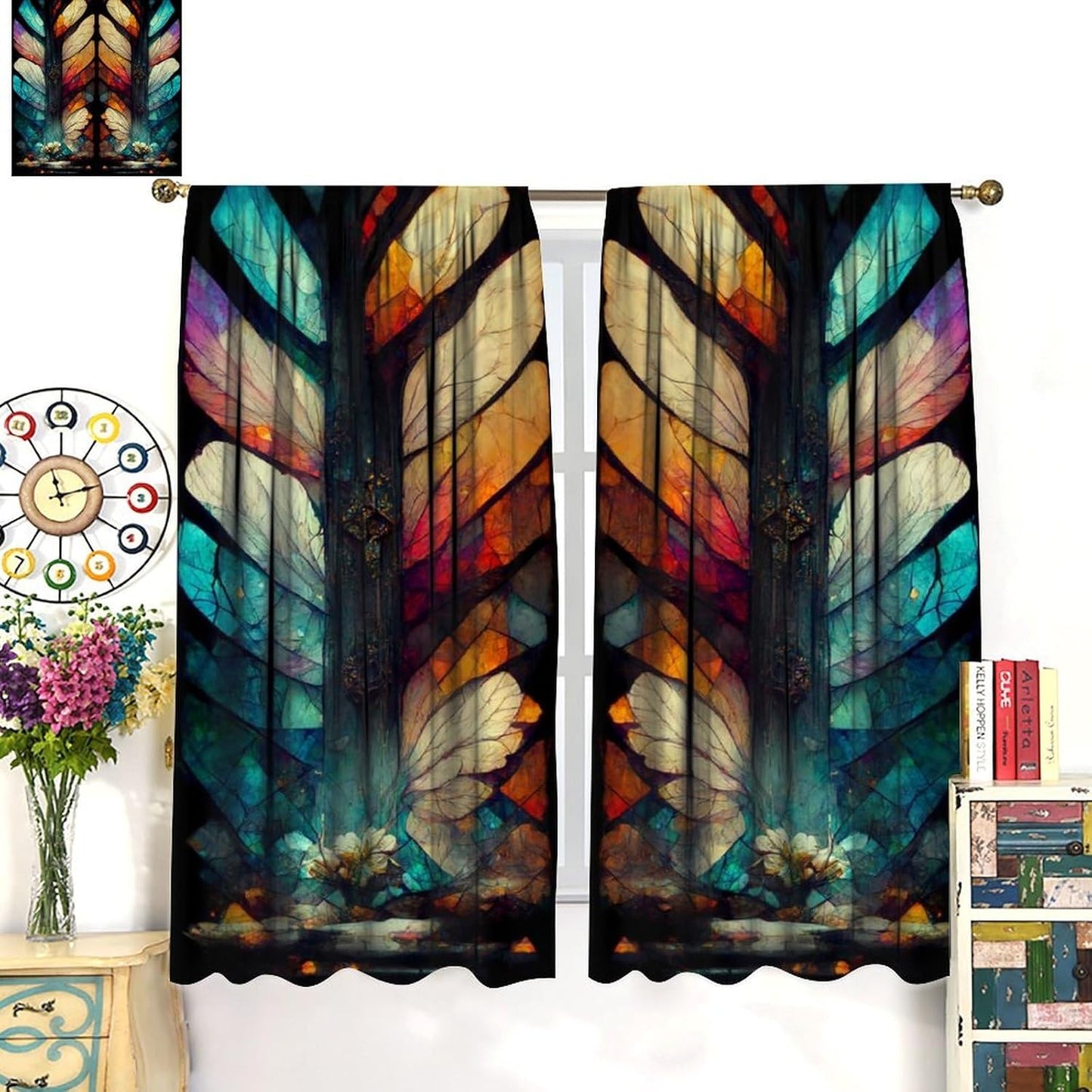 Stained Glass Curtains,Vintage Magical Colorful Abstract Art Home Decor Drapes for Bedroom Living Room Kitchen Window Treatment 2 Panels Set Total Size 72" W X 63" L Inch