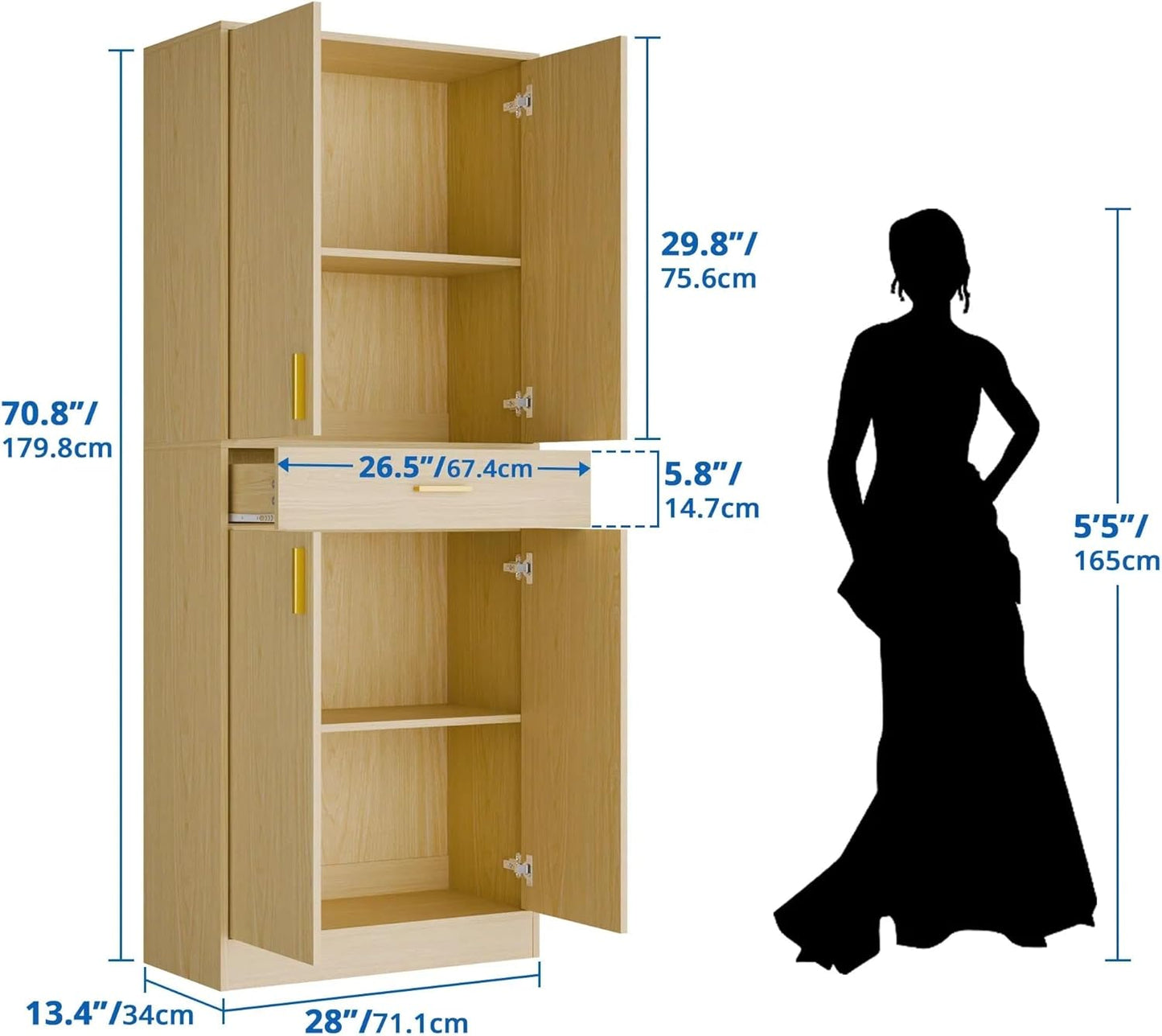 Cozy Castle Pantry Cabinet, 71" Tall Kitchen Storage Cabinet with Doors and Shelves, Freestanding Wood Cupboard Utility Hutch with Drawer for Dining Room Living Room Bathroom Furniture, Oak