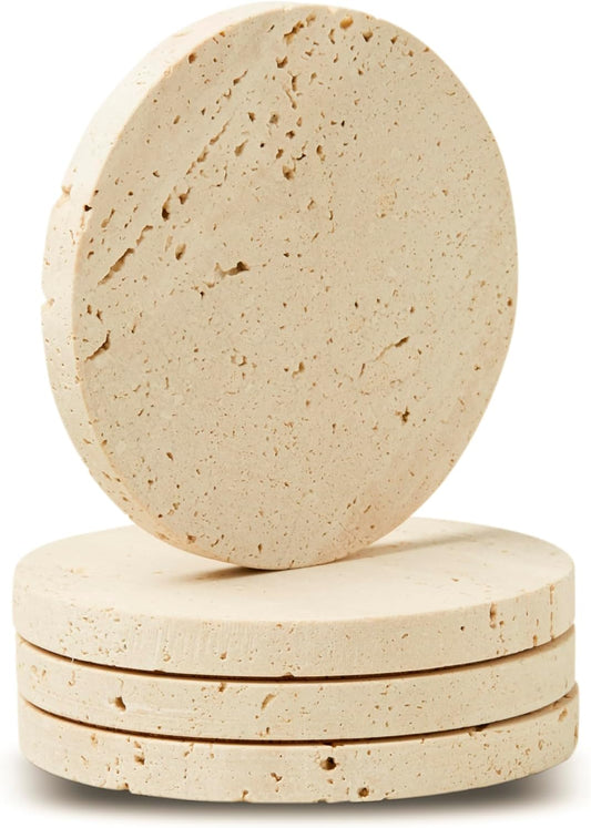 Marble Coasters – Set of 4 –Beige Travertine Bar Coasters for Drinks, Coffee –Stone Holder for Home Décor, Housewarming Gifts (Round)