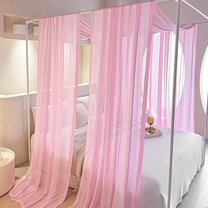 AIKASY Pink Bed Canopy Scarf for Full/Queen - Luxury Sheer Canopy Bed Curtains with Light - Suitable for Four-Poster Bed, Metal Bed Frame, Wood Bed Frame -2pic