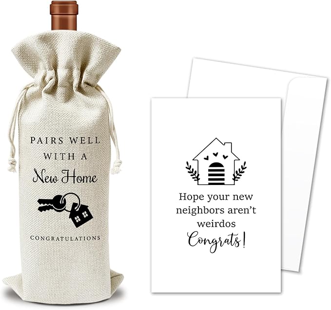 Housewarming Wine Gift Bags & Card, First New Home House Gifts for Women Men Wife Husband Friend Home Owner, 1 pcs Reusable Burlap Wine Gift Bags for Wine Bottles, Housewarming Party Decor Favor -33