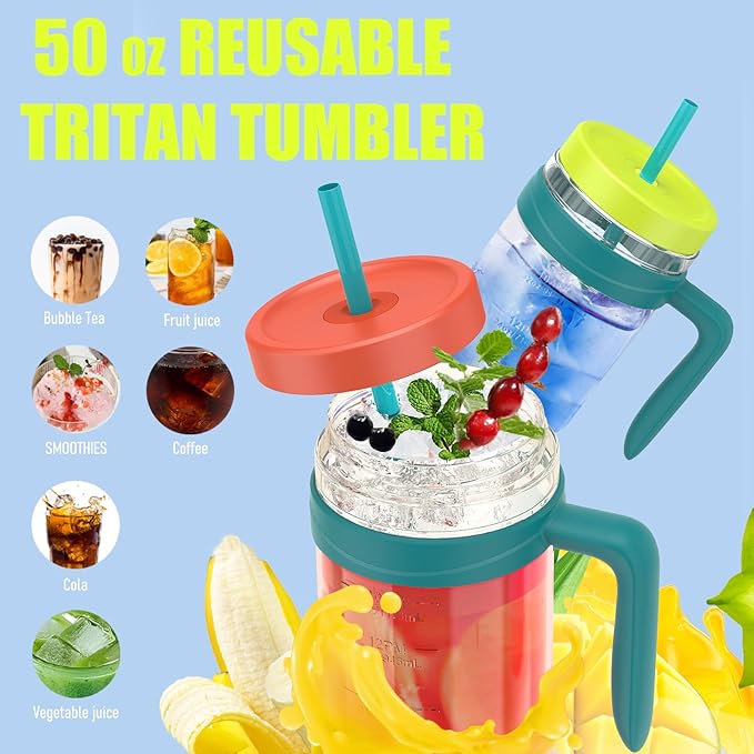 Tronco 50 oz Tritan Plastic Tumbler with Lid and Straw, BPA-Free Reusable Clear Water Bottle with Time Marker, 100% Leak Proof & Wide Mouth for Iced Coffee, Juice, Bubble Tea, Smoothies