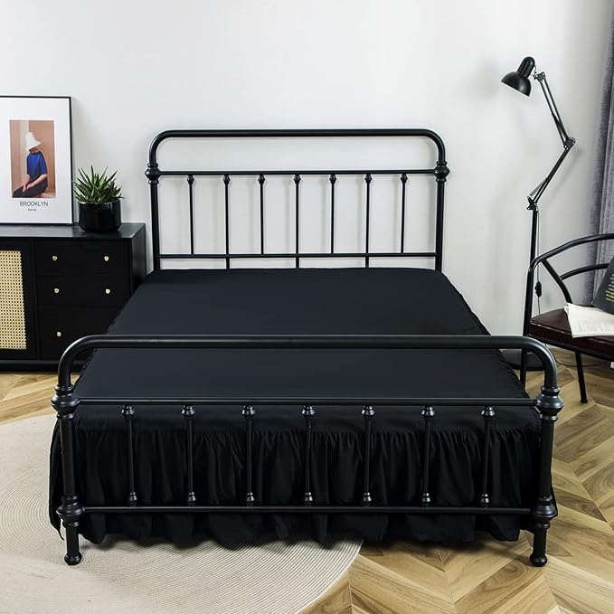 Bed Skirt Twin Size Ruffled Bed Skirt with Split Corners, 14 Inch Drop Dust Ruffle Bed Skirt with Platform, Black