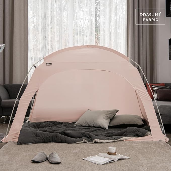 Fabric Indoor Bed Tent, Privacy Play Tent on Bed for Warm and Cozy Dream Sleep Tent, Floorless Type Tent.Cotton Feeling Tent,S-PE Pole, Washable Tents (Pink, Twin)