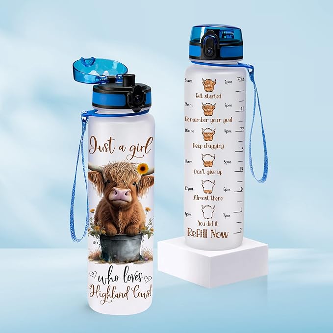 Highland Cow Gifts, Highland Cow Water Bottle 32 oz with Time Marker, Just A Girl Who Loves Cow Tumbler, Cow Gifts for Cow Lovers Women